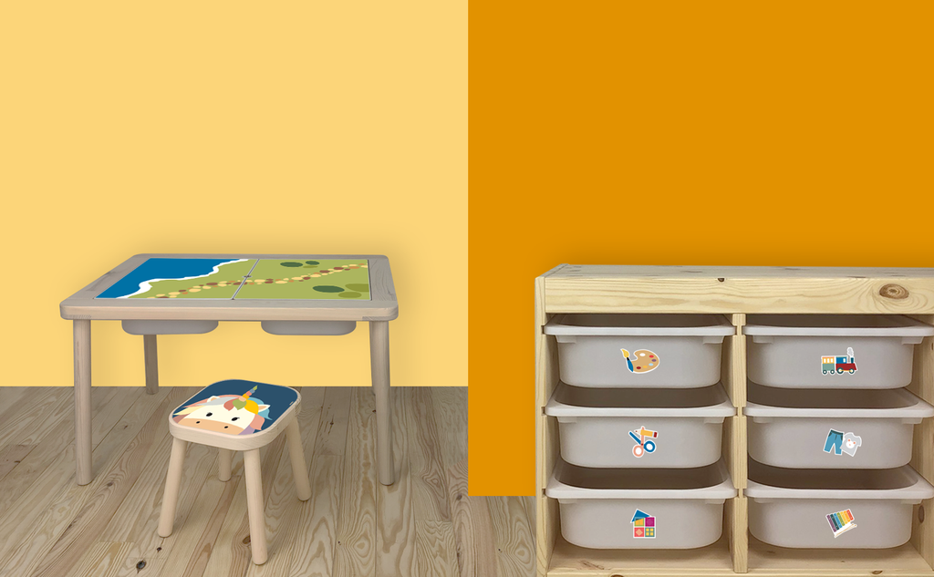 IKEA Flisat Table and Stool on one side and Trofast Toy Storage with stickers on the right side