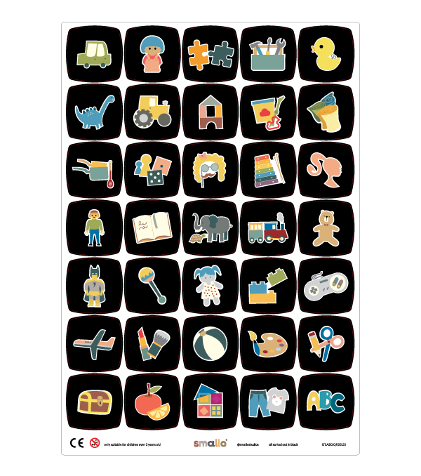 This sticker sheet contains: animals, airplanes, puzzles, lego, cars, pinypons, costumes, tools, books, games, dinosaurs, tractors, music, treasures, playmobil, baby, trains, balls, clothes, art, fabrics, bath, play dough, electronics, super heroes, barbies, kitchen, teddy bears, dolls, facial painting, play food, craft work, wood blocks, magnetic tiles in black background.