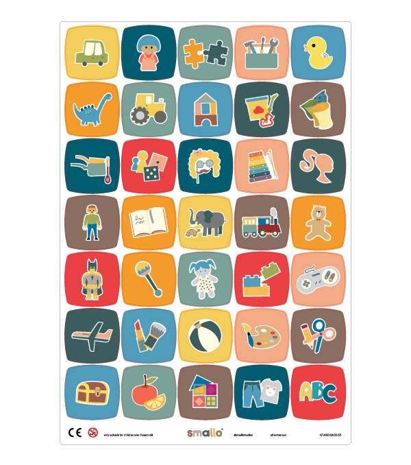 This sticker sheet contains: animals, airplanes, puzzles, lego, cars, pinypons, costumes, tools, books, games, dinosaurs, tractors, music, treasures, playmobil, baby, trains, balls, clothes, art, fabrics, bath, play dough, electronics, super heroes, barbies, kitchen, teddy bears, dolls, facial painting, play food, craft work, wood blocks, magnetic tiles.