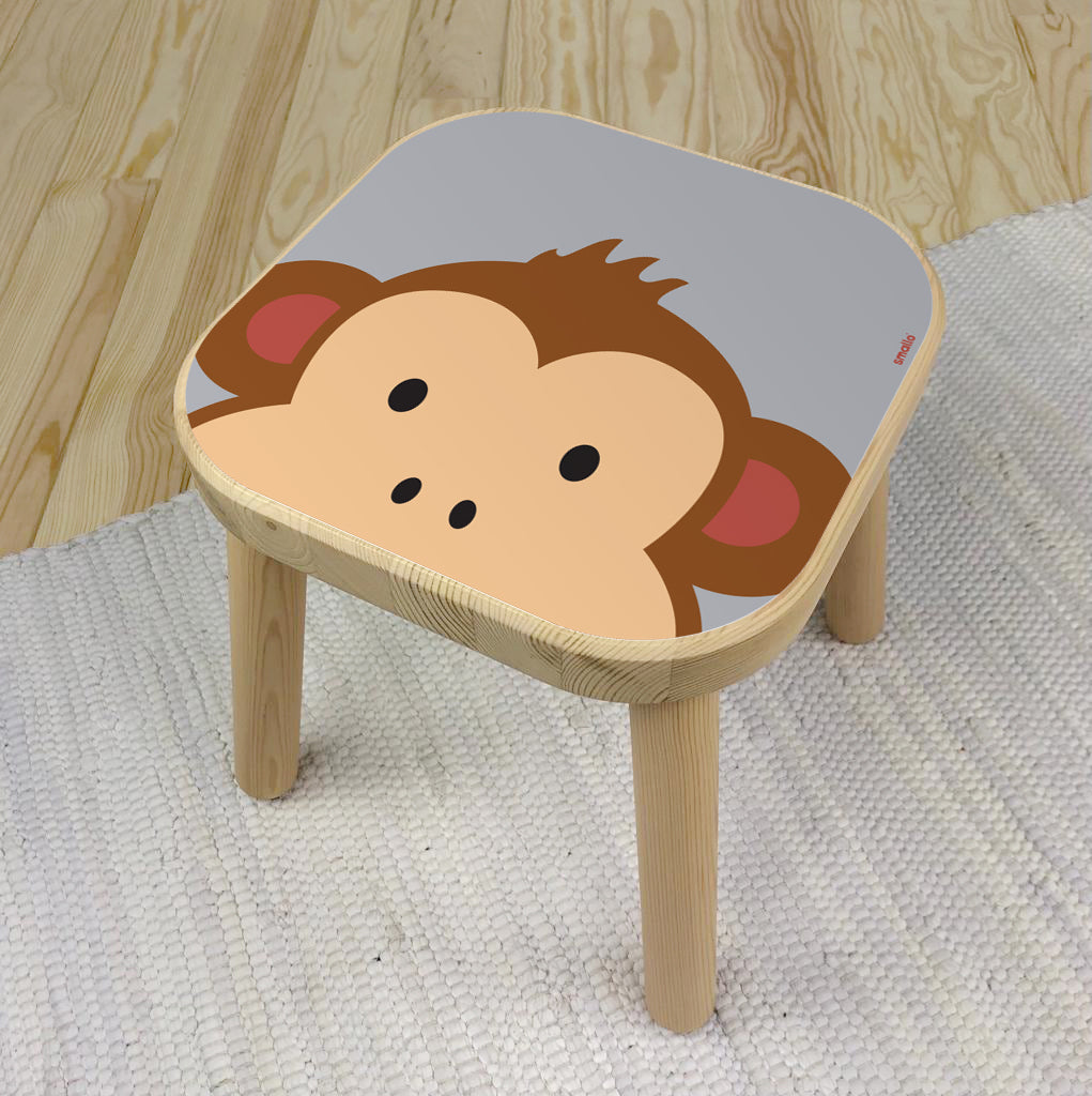 Flisat Stool with Monkey Sticker in Blue and Brown