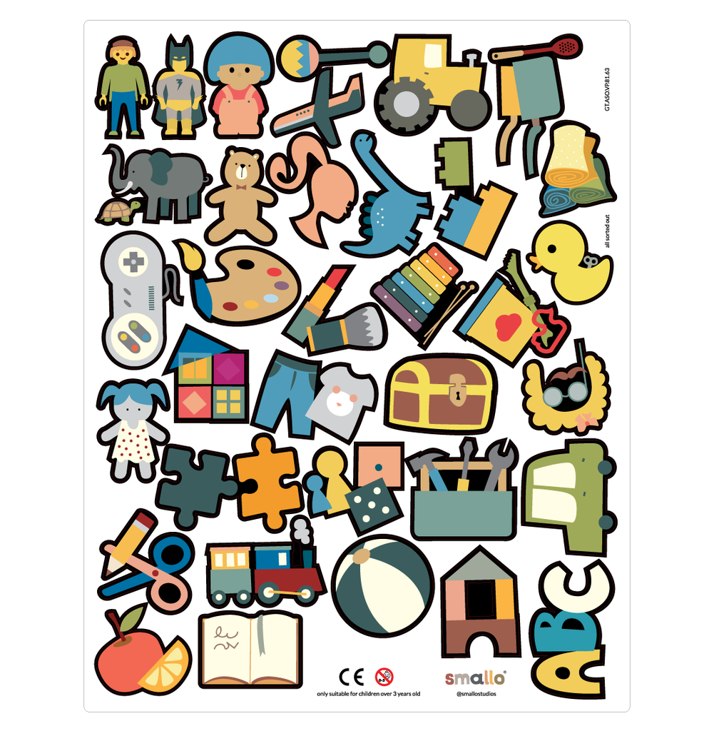 This sticker sheet contains: animals, airplanes, puzzles, lego, cars, pinypons, costumes, tools, books, games, dinosaurs, tractors, music, treasures, playmobil, baby, trains, balls, clothes, art, fabrics, bath, play dough, electronics, super heroes, barbies, kitchen, teddy bears, dolls, facial painting, play food, craft work, wood blocks, magnetic tiles.